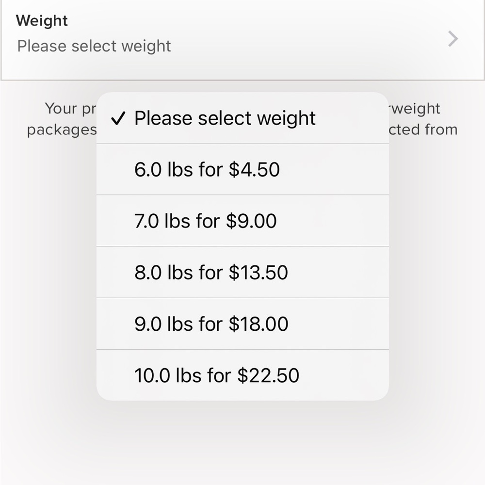 Extra Shipping Label Weight Selection Menu